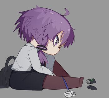  1girl @_@ absurdres bag black_pantyhose black_skirt can chibi chibi_only closed_mouth collared_shirt commentary_request computer_mouse drink_can full_body grey_background highres id_card knee_up konohoshi long_sleeves no_shoes pantyhose pencil_skirt purple_eyes purple_hair shirt short_hair_with_long_locks simple_background sitting skirt solo vocaloid voiceroid white_shirt yuzuki_yukari 