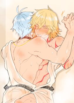  2boys abs antenna_hair arm_tattoo bathrobe black_choker blonde_hair blush braid chest_tattoo choker closed_eyes commentary_request facial_tattoo gradient_hair highres holding_hands honkai:_star_rail honkai_(series) male_focus medium_hair meshiau79187 multicolored_hair multiple_boys mydei_(honkai:_star_rail) open_clothes open_robe phainon_(honkai:_star_rail) pinned red_hair red_tattoo robe short_hair side_braid tattoo toned toned_male wet white_hair yaoi 