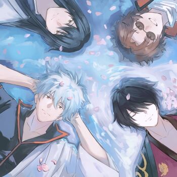  4boys arms_behind_head black_hair black_shirt blue_hair brown_eyes brown_hair cherry_blossoms circle_formation closed_eyes closed_mouth coat commentary english_commentary from_above gintama grin hair_between_eyes hair_over_one_eye highres japanese_clothes katsura_kotarou kimono long_hair looking_at_viewer lying lying_on_water male_focus messy_hair multiple_boys on_back petals petals_on_liquid popped_collar purple_kimono red_coat red_eyes ripples sakamoto_tatsuma sakata_gintoki shirt short_hair smile sunglasses takasugi_shinsuke terarenai unfinished upper_body water white_kimono yellow_eyes 