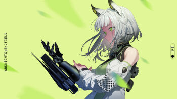  1girl animal_ears arknights arknights:_endfield bare_shoulders black_gauntlets blunt_bangs braid cat_ears clawed_gauntlets commentary_request detached_sleeves dress from_side gauntlets green_background green_dress green_eyes highres looking_to_the_side m3_(arknights) medium_hair oguchi solo upper_body white_sleeves 