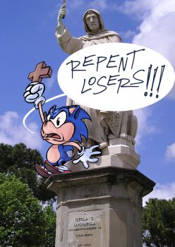  1boy absurdres animal_ears animal_nose blue_fur commentary cross dog english_commentary english_text furry furry_male girolamo_savonarola gloves highres hood monk open_mouth photo_background pointing pointing_up real_life red_shoes shoes sonic_(series) sonic_the_hedgehog statue v-shaped_eyebrows vlahthe white_gloves 