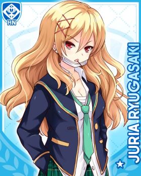  1girl blonde_hair blue_background breasts card_(medium) character_name chest_sarashi cleavage ear_piercing girlfriend_(kari) green_necktie green_skirt hair_ornament hands_in_pockets jacket long_hair looking_at_viewer mask mouth_mask necktie official_art piercing plaid_clothes plaid_skirt pleated_skirt qp:flapper red_eyes ryugasaki_juria sarashi school_uniform shirt skirt solo v-shaped_eyebrows white_shirt x_hair_ornament 