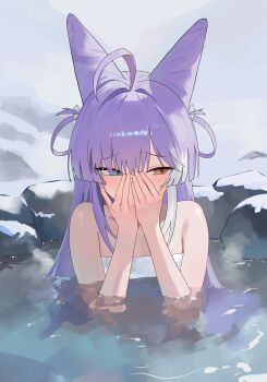  1girl absurdres ahoge averting_eyes bathing blue_eyes brown_eyes commentary_request cone_hair_bun covered_mouth covering_own_mouth day double_bun hair_bun hair_ornament heterochromia highres korean_commentary naked_towel nbee_ya onsen outdoors partially_submerged raised_inner_eyebrows school_uniform snow solo steam stellive tenko_shibuki towel virtual_youtuber water wispy_bangs 