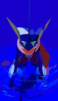  blue_background blue_skin blue_theme colored_skin gen_6_pokemon greninja hashtag-only_commentary highres looking_at_viewer nintendo no_humans pokemon pokemon_(creature) red_eyes ripples sayonalatios standing water 