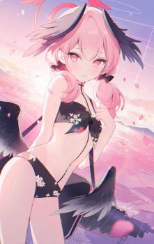  1girl bikini black_bikini black_bow black_wings blue_archive bow closed_mouth commentary cowboy_shot double-parted_bangs feathered_wings hair_between_eyes hair_bow halo hand_up head_wings highres koharu_(blue_archive) koharu_(swimsuit)_(blue_archive) long_hair looking_at_viewer low_twintails low_wings navel official_alternate_costume pink_eyes pink_hair pink_halo smile solo swimsuit takimii twintails wings 