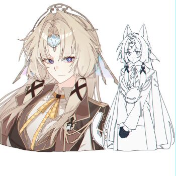  1girl android blonde_hair blue_eyes brown_jacket chromatic_aberration closed_mouth cropped_legs cropped_torso fins hair_intakes hair_ornament head_fins highres honkai:_star_rail honkai_(series) jacket long_hair looking_at_viewer neck_ribbon parted_bangs pearl_(honkai:_star_rail) ribbon salmon_fish7 shirt sidelocks simple_background sketch_inset smile tiara white_background white_shirt x_hair_ornament yellow_ribbon 