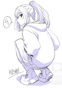  1girl amaori_haruna closed_mouth commentary_request from_behind full_body greyscale hood hood_down hoodie ishii_hisao lone_nape_hair long_sleeves looking_at_viewer looking_back miniskirt monochrome pleated_skirt ponytail profile shoes sidelocks signature simple_background skirt socks solo speech_bubble squatting translation_request watashi_ga_koibito_ni_nareru_wake_naijan_murimuri! white_background 