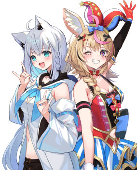  2girls animal_ear_fluff animal_ears aqua_eyes aqua_neckerchief asymmetrical_footwear asymmetrical_legwear back_bow bare_shoulders black_choker black_hair black_shorts blonde_hair blue_boots blue_bow blue_skirt blue_thighhighs blush boots bow bowtie braid breasts breasts_apart choker cleavage clothing_cutout clown club_(shape) club_hair_ornament collarbone commentary_request detached_sleeves diamond_(shape) diamond_hair_ornament elbow_gloves facial_mark fox_ears fox_girl fox_shadow_puppet fox_tail front_slit gloves hair_between_eyes hair_bow hair_ornament hair_over_shoulder hairclip hat heart heart_hair_ornament heart_in_eye highres hololive jester_cap layered_skirt long_hair looking_at_viewer makeup medium_breasts mismatched_footwear mismatched_legwear multicolored_hair multiple_girls navel navel_cutout neckerchief omaru_polka omaru_polka_(1st_costume) open_mouth pink_streaks pink_thighhighs purple_eyes red_bow red_bowtie red_gloves shirakami_fubuki shirakami_fubuki_(1st_costume) shirt shorts side_braid single_braid single_elbow_glove single_glove skirt sleeveless sleeveless_shirt smile spade_(shape) spade_hair_ornament standing star_(symbol) straight-on streaked_hair striped_clothes striped_skirt striped_thighhighs symbol_in_eye tail teeth thighhighs tilted_headwear unkai_amane vertical-striped_clothes vertical-striped_skirt vertical-striped_thighhighs virtual_youtuber white_background white_hair white_shirt white_sleeves wrist_cuffs x_hair_ornament 