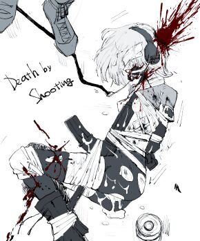  1boy 1girl after_rape arms_behind_back bandaged_chest bandages bdsm black_boots blood blood_from_mouth blood_in_hair blood_on_body blood_on_clothes blood_on_face blood_on_ground blood_splatter blood_spray bondage boots bound bound_arms bound_feet bound_legs bound_torso clothes_lift combat_medic commentary covered_eyes cum cum_overflow cumdrip death deep_wound disheveled english_commentary english_text exposed_bone gagged grey_shirt gun gunshot_wound guro headphones highres injury knee_pads leggings legs_together military monochrome original peril red_hod ryona shirt shirt_lift shirt_under_shirt soldier solo_focus tied_up_(nonsexual) torn_clothes torn_leggings weapon white_background 