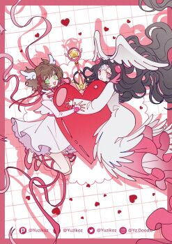  2girls border cardcaptor_sakura child commentary_request cross-laced_clothes cross-laced_legwear dress facebook_username green_eyes heart highres holding holding_wand hoshi_no_tsue instagram_username kinomoto_sakura long_hair multiple_girls nothing_(clow_card) pink_border shadow smile twitter_username very_long_hair wand white_dress yuzikoz_mega 