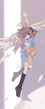  1girl aqua_bow aqua_bowtie arm_up black_socks blue_eyes blue_sailor_collar blue_skirt bow bowtie brown_hair brown_shoes cardigan closed_mouth commentary_request dress endlesscrossing feathered_wings feathers from_side full_body hair_ornament hair_ribbon halo hashtag-only_commentary heart heart_hair_ornament highres long_hair long_sleeves looking_at_viewer miniskirt neuro-sama pleated_dress red_ribbon ribbon sailor_collar shirt shoes skirt socks solo traditional_halo vedal_ai virtual_youtuber white_shirt white_wings wings yellow_cardigan yellow_halo 