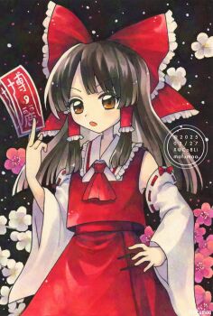  1girl artist_name ascot between_fingers bow brown_eyes brown_hair commentary detached_sleeves flower frilled_bow frilled_hair_tubes frills hair_bow hair_tubes hakurei_reimu hand_on_own_hip hashtag-only_commentary highres holding long_hair looking_at_viewer maa_(forsythia1729) ofuda ofuda_between_fingers open_mouth pink_flower red_bow red_skirt ribbon-trimmed_sleeves ribbon_trim skirt skirt_set solo touhou traditional_media watermark white_flower 