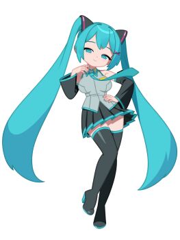  1girl aqua_eyes aqua_hair aqua_nails black_boots black_skirt boots breasts closed_mouth detached_sleeves dot_nose eyelashes full_body grey_shirt hair_ornament hairpin hand_on_own_hip hand_up hatsune_miku highres light_blush light_smile long_hair medium_breasts monster_l_(hochihochiha) pleated_skirt shirt sidelocks simple_background skirt sleeveless sleeveless_shirt solo thighhighs twintails very_long_hair vocaloid white_background wide_sleeves zettai_ryouiki 