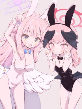  2girls :d animal_ear_hairband animal_ears ass black_bow black_bowtie black_hairband black_leotard black_wings blue_archive blue_bow blue_bowtie blush bow bowtie breasts commentary_request detached_collar fake_animal_ears hair_bun hair_ornament hair_scrunchie hairband halo highres koharu_(blue_archive) leotard long_hair looking_at_viewer low_wings medium_breasts mika_(blue_archive) multiple_girls navel open_mouth partial_commentary pink_background pink_eyes pink_hair pink_halo playboy_bunny rabbit_ear_hairband rabbit_ears red_halo scrunchie side_up_bun small_breasts smile suwasui tongue white_leotard white_scrunchie white_wings white_wrist_cuffs wings wrist_cuffs yellow_eyes 