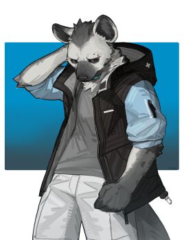  1boy absurdres arknights black_hair closed_mouth ear_piercing eyebrow_piercing face_piercing furry furry_male grey_fur grey_shirt hand_on_own_head highres hood hood_down hooded_jacket hyena_boy hyena_ears hyena_tail infection_monitor_(arknights) jacket male_focus open_clothes open_jacket pants piercing shirt spot_(arknights) spot_(professional)_(arknights) spotted_fur tou_(o_tout0) white_pants 