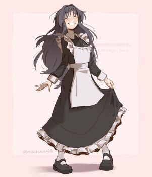  1girl absurdres apron black_dress black_hair closed_eyes commentary commission dress english_commentary full_body grin highres kaoru_hana_wa_rin_to_saku long_hair long_sleeves machuuu68 maid maid_apron open_mouth simple_background smile socks teeth waguri_kaoruko white_socks 