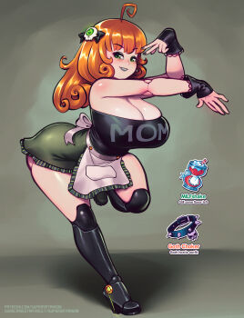  1girl absurdres aged_up ahoge apron bare_shoulders black_eyeshadow black_nails black_skirt black_wrist_cuffs body_freckles breasts cleavage clothes_writing commentary curly_hair english_commentary eyeshadow freckles frilled_wrist_cuffs frills full_body goth_fashion green_eyes hair_ornament highres joints large_breasts leaning_forward long_hair looking_at_viewer makeup mature_female orange_hair penny_polendina power_symbol_hair_ornament purple_lips robot_girl robot_joints rwby skirt skull_hair_ornament solo standing standing_on_one_leg strapless supersatanson thighs underbutt v v_over_eye waist_apron wrist_cuffs 