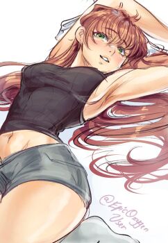  1girl arm_behind_head armpits arms_up artist_name breasts brown_hair camisole denim denim_shorts doki_doki_literature_club epicoxygenuser feet green_eyes hair_ribbon highres large_breasts legs long_hair looking_at_viewer lying midriff monika_(doki_doki_literature_club) navel parted_lips ponytail ribbon seductive_gaze seductive_smile shorts sideboob smile socks solo teeth thick_thighs thighs toned 