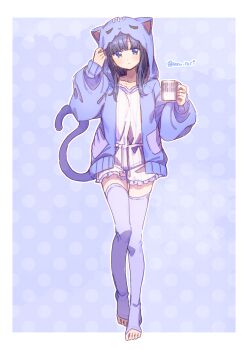  1girl animal_hood black_hair blue_eyes blue_hoodie blue_thighhighs blush border cat_hood cat_tail closed_mouth commentary_request cup dot_nose full_body hands_up highres holding holding_cup hood hood_up hoodie kozue_mayu long_hair looking_at_viewer magia_record:_mahou_shoujo_madoka_magica_gaiden mahou_shoujo_madoka_magica open_clothes open_hoodie outline outside_border polka_dot polka_dot_background purple_thighhighs serizawa_serizane shirt shorts solo standing tail thighhighs toeless_legwear twitter_username white_border white_outline white_shirt white_shorts 
