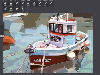  art_program_in_frame art_study boat buoy fishing_rod highres junbuug no_humans original outdoors painterly reflection reflective_liquid rope screencap vehicle_focus watercraft 