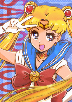  1girl absurdres arm_behind_back bishoujo_senshi_sailor_moon blue_sailor_collar bow character_name choker circlet commentary_request crescent crescent_hair_ornament double_bun elbow_gloves gloves hair_bun hair_ornament highres kudou_masashi long_hair open_mouth red_bow red_choker sailor_collar sailor_moon signature smile solo tsukino_usagi twintails upper_body very_long_hair white_gloves 