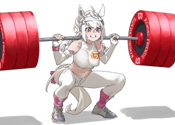  1girl animal_ears barbell bare_shoulders blue_eyes braid breasts bridle clenched_teeth commentary_request crotch_seam elbow_gloves exercising extra_ears fingerless_gloves full_body gloves grimace horizontal_pupils horse_ears horse_girl horse_tail kemono_friends kemono_friends_3 large_breasts long_hair looking_ahead navel pants shoes solo sports_bra sportswear squat_(exercise) squatting stomach strong tail tanabe_(fueisei) taut_clothes teeth training twin_braids v-shaped_eyebrows weightlifting weights white_gloves white_hair white_pants white_sports_bra white_thoroughbred_(kemono_friends) yoga_pants 
