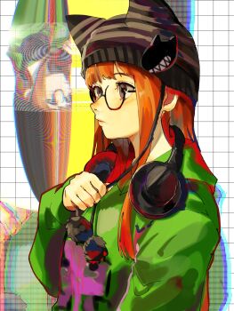 1girl 4me3ba_niku alternate_costume animal_hat beanie cat_hat closed_mouth from_side glasses green_hoodie hair_between_eyes hat headphones headphones_around_neck highres hood hood_down hoodie long_hair looking_ahead orange_hair persona persona_5 pom_pom_(clothes) pom_pom_beanie sakura_futaba solo upper_body 