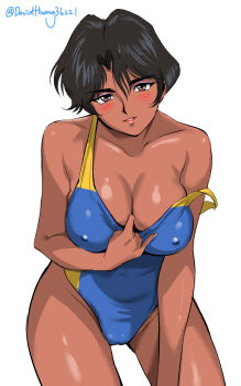  1girl artist_name black_hair blue_one-piece_swimsuit blush breasts brown_eyes cleavage competition_swimsuit covered_erect_nipples dark_skin david_huang golden_boy hayami_ayuko highleg highleg_one-piece_swimsuit highres large_breasts leaning_forward lips looking_at_viewer one-piece_swimsuit retro_artstyle short_hair solo swimsuit twitter_username  rating:Sensitive score:47 user:danbooru