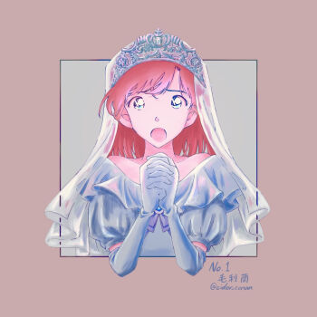  1girl artist_name blue_eyes bridal_veil character_name cider_conan commentary_request cropped_torso dress elbow_gloves gloves long_hair meitantei_conan mouri_ran open_mouth own_hands_together red_theme short_sleeves solo straight-on tiara veil wedding_dress white_dress white_gloves 