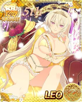  1girl anniversary aquarius_(symbol) aries_(symbol) armchair belly_chain blonde_hair blush body_blush border bra breasts cancer_(symbol) cape capricorn_(symbol) card_(medium) chair character_name choker cleavage closed_mouth collarbone dodecagram flower frilled_bra frilled_choker frilled_panties frills fur-trimmed_cape fur_collar fur_trim gemini_(symbol) gold_cape gold_tiara gold_trim groin hair_between_eyes jewelry large_breasts leaf leo_(senran_kagura) leo_(symbol) libra_(symbol) light_particles linea_alba long_hair looking_at_viewer navel neon_lights official_art panties pisces_(symbol) purple_eyes red_flower red_rose revealing_clothes rose sagittarius_(symbol) scarf school_emblem scorpio_(symbol) senran_kagura senran_kagura_new_wave shiny_skin sitting sky smile solo star_(sky) starry_sky taurus_(symbol) underboob underwear unworn_scarf very_long_hair virgo_(symbol) yaegashi_nan yellow_bra yellow_panties yellow_scarf zodiac_wheel 