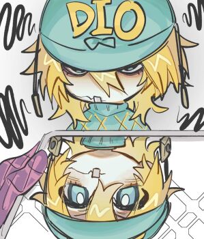  2boys angry aqua_bow aqua_helmet aqua_sweater argyle_clothes argyle_sweater blonde_hair blue_eyes bow bright_pupils cellphone chibi cracked_skin diego_brando funny_valentine gloves hair_between_eyes hat hat_bow helmet it's_all_a_matter_of_angle_(meme) jojo_no_kimyou_na_bouken lemonsourah looking_at_viewer male_focus medium_hair meme messy_hair multiple_boys phone purple_gloves reflection smartphone steel_ball_run sweater turtleneck turtleneck_sweater white_pupils 
