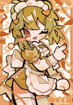  1girl ;3 absurdres apron arm_at_side ascot back_bow blush_stickers border bow brooch brown_eyes brown_nails clenched_hand colored_shadow commission cowboy_shot deformed dot_nose double-parted_bangs dress drop_shadow fang green_dress green_hair hair_ornament hand_up happy heart heart_brooch heart_hair_ornament highres index_finger_raised jewelry maid maid_headdress mid_(doa_3d) nail_polish one_eye_closed open_mouth orange_border original pale_skin puffy_short_sleeves puffy_sleeves second-party_source shadow short_dress short_sleeves signature single_blush_sticker smile solo standing star_(symbol) thighhighs waist_apron warm_colored white_ascot white_background white_bow white_thighhighs white_wrist_cuffs wrist_cuffs zettai_ryouiki 