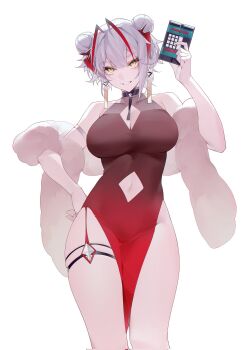  1girl alternate_costume alternate_hairstyle antenna_hair arknights bare_shoulders bomb breasts china_dress chinese_clothes cleavage_cutout clothing_cutout commentary corrupted_twitter_file darling0221 double_bun dress earrings evil_smile explosive feather_boa feet_out_of_frame hair_bun hand_on_own_hip highres holding holding_bomb horns jewelry large_breasts looking_at_viewer multicolored_hair navel navel_cutout pelvic_curtain red_hair red_horns simple_background sleeveless sleeveless_dress smile solo standing thigh_strap two-tone_hair w_(arknights) white_background white_hair yellow_eyes 