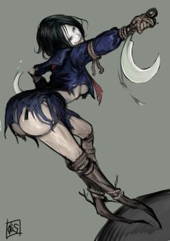  1girl absurdres ass ayakakashi black_hair black_serafuku breasts disorder! grey_background highres holding holding_weapon monster_girl rope school_uniform serafuku signature silent_hill_(series) silent_hill_f simple_background skirt torn_clothes torn_skirt underboob weapon  rating:Sensitive score:24 user:danbooru