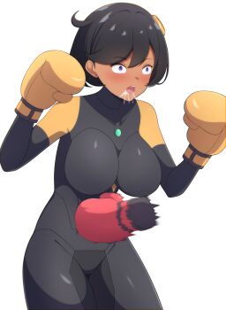  1girl absurdres black_bodysuit blush bodysuit boxing boxing_gloves breasts collarbone commentary dookta emma_(pokemon) english_commentary hair_ornament hairclip highres large_breasts nintendo open_mouth pokemon pokemon_legends:_z-a punching purple_eyes saliva short_hair solo 