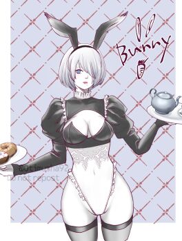  1girl 2b_(nier:automata) alt_text animal_ear_hairband animal_ears black_thighhighs blue_eyes breasts cleavage commentary covered_navel donut fake_animal_ears food groin hair_over_one_eye hairband highleg highleg_leotard highres holding holding_tray kettle leotard looking_at_viewer mole mole_under_mouth nier:automata nier_(series) pako_(pousse-cafe) puffy_sleeves rabbit_ear_hairband rabbit_ears short_hair solo standing thighhighs tray white_leotard 