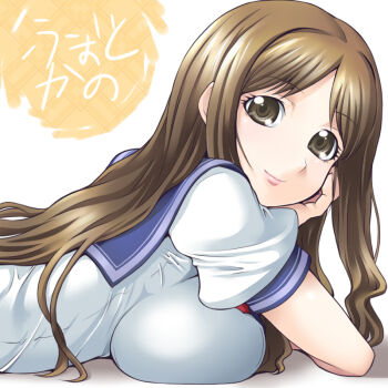  1girl breast_press breasts brown_eyes brown_hair female_focus large_breasts long_hair photokano school_uniform short_sleeves smile solo yaso_shigeru yunoki_rina 