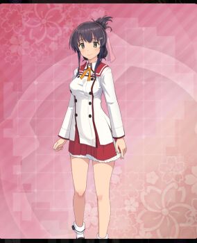  1girl bare_legs blush breasts buttons closed_mouth dot_nose double-breasted double-parted_bangs feet_out_of_frame floral_background game_cg green_eyes hair_ornament hair_ribbon hair_rings hairclip large_breasts long_sleeves looking_at_viewer minoseki_academy_school_uniform neck_ribbon official_art pink_background pink_ribbon purple_hair red_sailor_collar red_skirt ribbon sailor_collar school_uniform shirt sidelocks single_hair_ring skirt smile socks solo third-party_source toji_no_miko toji_no_miko:_kizamishi_issen_no_tomoshibi variant_set white_shirt white_socks yanase_mai yellow_ribbon 