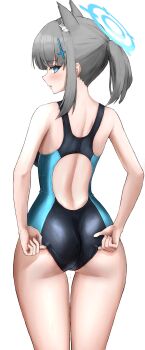 1girl animal_ear_fluff animal_ears back blue_archive blue_eyes blue_one-piece_swimsuit blush breasts butt_crack competition_swimsuit cross_hair_ornament finger_under_swimsuit flambe_(tyoitohikkosi07) from_behind gluteal_fold grey_hair hair_ornament halo hands_on_own_ass looking_back medium_breasts medium_hair one-piece_swimsuit open_mouth ponytail shiroko_(blue_archive) shiroko_(swimsuit)_(blue_archive) solo standing swimsuit thigh_gap white_background wide_hips wolf_ears
