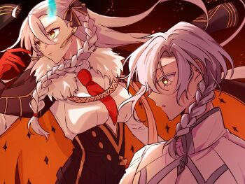  1boy 1girl bow braid braided_ponytail breasts cape commentary_request earrings fate/grand_order fate_(series) father_and_daughter fur-trimmed_cape fur_trim gloves hair_between_eyes hair_bow hair_over_shoulder highres jacket jewelry kyouka_0625 long_hair marisbury_animusphere necktie olga_marie_animusphere orange_eyes shirt side_braid single_braid white_hair 