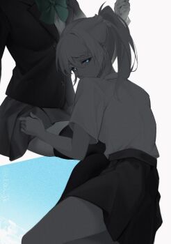  2girls ayase_eli blonde_hair blue_eyes bow commentary_request hair_ornament hair_scrunchie k.jhitsugi long_hair looking_at_viewer love_live! love_live!_school_idol_project multiple_girls otonokizaka_school_uniform ponytail school_uniform scrunchie shirt skirt thighhighs tojo_nozomi yuri 