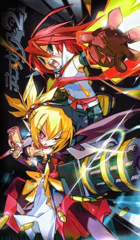  1boy 1girl absurdres adell_(disgaea) anyqqqq_77 black_dress blonde_hair breasts brown_eyes cleavage disgaea dress gatling_gun gloves gun highres holding holding_gun holding_weapon large_breasts makai_senki_disgaea_2 minigun necktie open_mouth ponytail red_eyes red_gloves red_necktie rozalin shirt sleeveless sleeveless_shirt weapon white_shirt 