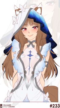  1girl absurdres animal_ear_fluff animal_ears blunt_bangs blush breasts brown_hair butterfly_hair_ornament commentary cosplay dress english_commentary fang hair_ornament highres holo hood likunea long_hair patreon_logo patreon_username red_eyes see-through_clothes shorekeeper_(wuthering_waves) shorekeeper_(wuthering_waves)_(cosplay) sidelocks simple_background small_breasts solo solo_focus spice_and_wolf tail twitter_username twitter_x_logo wolf_ears wolf_girl wolf_tail wuthering_waves zoom_layer 