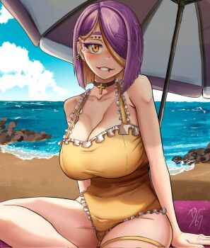  1girl arm_support beach beach_umbrella black_choker blonde_streaks blue_sky blush breasts casual_one-piece_swimsuit choker cleavage cloud collarbone commentary cross cross_choker day dilan_griz ear_piercing english_commentary eyebrow_piercing face_piercing frilled_one-piece_swimsuit frills hair_over_one_eye highres large_breasts lip_piercing looking_at_viewer multicolored_hair multiple_piercings nose_piercing ocean one-piece_swimsuit one_eye_covered orange_eyes original outdoors parted_bangs piercing purple_hair queen_(dilan_griz) seductive_smile short_hair sitting sky smile solo streaked_hair swimsuit umbrella water yellow_one-piece_swimsuit 