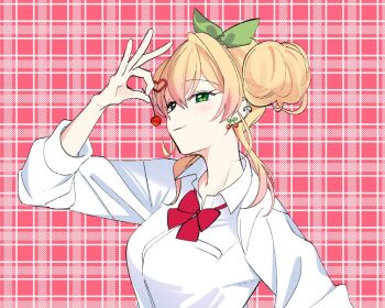  1girl alternate_costume arm_up blonde_hair bow bowtie cherry cherry_earrings cherry_pop_(vocaloid) closed_mouth collared_shirt commentary double_bun earrings food food-themed_earrings food_themed_earrings fruit gradient_hair green_bow green_eyes hair_bow hair_bun hair_ornament holding holding_food hololive jewelry light_smile looking_to_the_side momosuzu_nene multicolored_hair ok_sign pink_hair plaid_background red_background red_bow red_bowtie shirt smile solo upper_body uuoftn virtual_youtuber white_shirt 