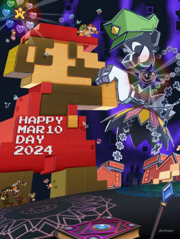  2girls 4boys artist_name aura barry_(paper_mario) battle blonde_hair book boomer_(paper_mario) bowser brown_hair brown_shirt brown_shoes bug butterfly carrie_(paper_mario) castle commentary_request crystal cudge_(paper_mario) dashell dimentio door dottie dress facial_hair fleep floating flying giant gloves green_hat hat heart highres holding holding_hands holding_umbrella insect long_hair luigi maribou_(supermaribou) mario mario_(series) mimi_(paper_mario) multiple_boys multiple_girls mustache neck_ruff nintendo o'chunks open_mouth overalls paper_bowser paper_mario paper_peach piccolo_(paper_mario) pink_dress pointing princess_peach red_hat red_overalls sharp_teeth shirt shoes short_hair slim_(paper_mario) staff standing super_dimentio super_paper_mario super_star_(mario) surprised teeth thoreau thudley tippi_(paper_mario) twitter_username umbrella umbrella_riding white_gloves 