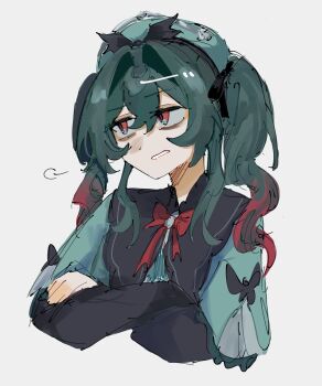 1girl alternate_color annoyed black_dress bow commentary cropped_torso crossed_arms dress english_commentary gradient_hair green_dress green_hair green_hat hair_intakes hat highres honkai:_star_rail honkai_(series) hyacine_(honkai:_star_rail) long_sleeves looking_to_the_side multicolored_hair nsuntens red_bow red_eyes red_hair simple_background sketch solo twintails two-tone_dress two-tone_hair white_background 