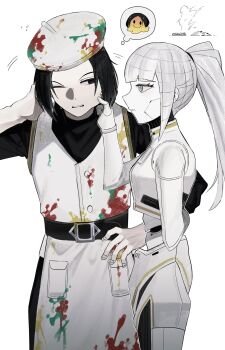  1boy 1girl absurdres albina_(project_moon) alternate_costume android arm_behind_back asdf1211950 belt beret black_eyes blunt_bangs cable_hair cheek_pinching hand_on_own_hip hat high_ponytail highres humanoid_robot joints limbus_company looking_at_another mechanical_arms octopus paint pinching ponytail project_moon ren_(project_moon) ring_(identity)_(project_moon) robot robot_joints sidelocks speech_bubble thought_bubble turtleneck white_eyes white_hair 