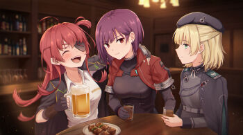  3girls ahoge arms_around_neck asami_makiko_(heaven_burns_red) beer_mug blonde_hair commentary_request cup drink earrings eyepatch fingerless_gloves gloves green_eyes hat heaven_burns_red highres holding holding_cup jewelry long_hair military_hat military_uniform mug multiple_girls nanase_nanami_(heaven_burns_red) purple_hair red_eyes risai short_hair tezuka_saki 