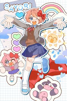  0tamt0 1girl absurdres blue_eyes blush bow bright_pupils brown_sweater_vest character_name chibi chibi_inset collared_shirt commentary_request doki_doki_literature_club doki_doki_literature_club_school_uniform grey_jacket hair_bow heart highres jacket kneehighs lined_paper long_sleeves multiple_views neck_ribbon one_eye_closed open_clothes open_jacket open_mouth outstretched_arms paper pink_hair rainbow raincloud red_bow red_ribbon ribbon sayori_(doki_doki_literature_club) school_uniform shirt shoes short_hair smile socks sparkle speech_bubble spoken_heart spread_arms standing standing_on_one_leg stuffed_animal stuffed_cow stuffed_toy sun_symbol sweater_vest teeth upper_teeth_only white_pupils white_shirt white_shoes white_socks 